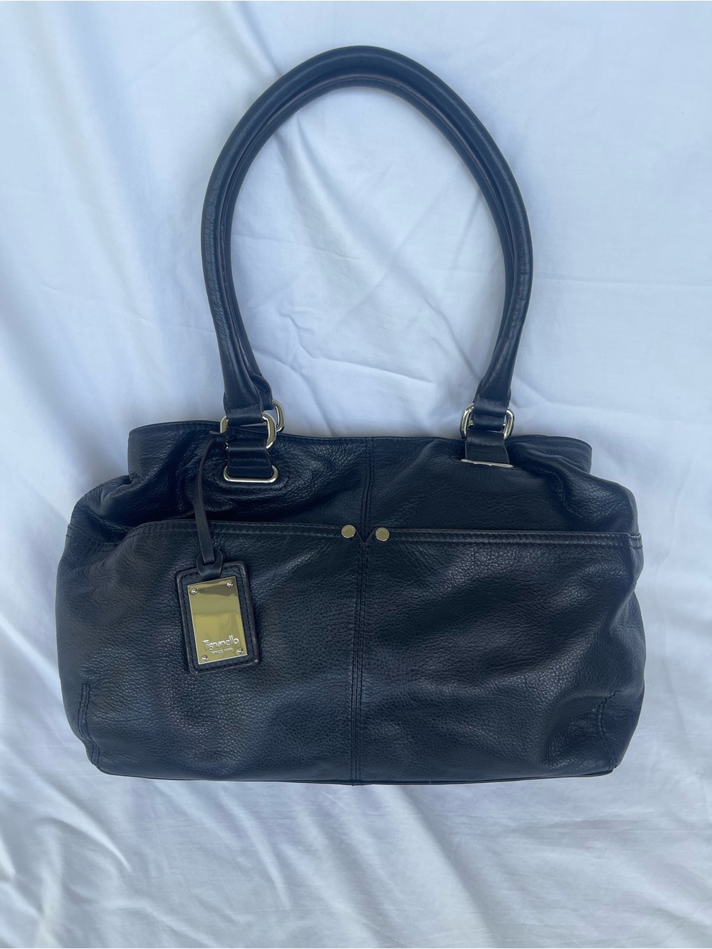 Tignanello Black Leather Shoulder Satchel with Gold Accent